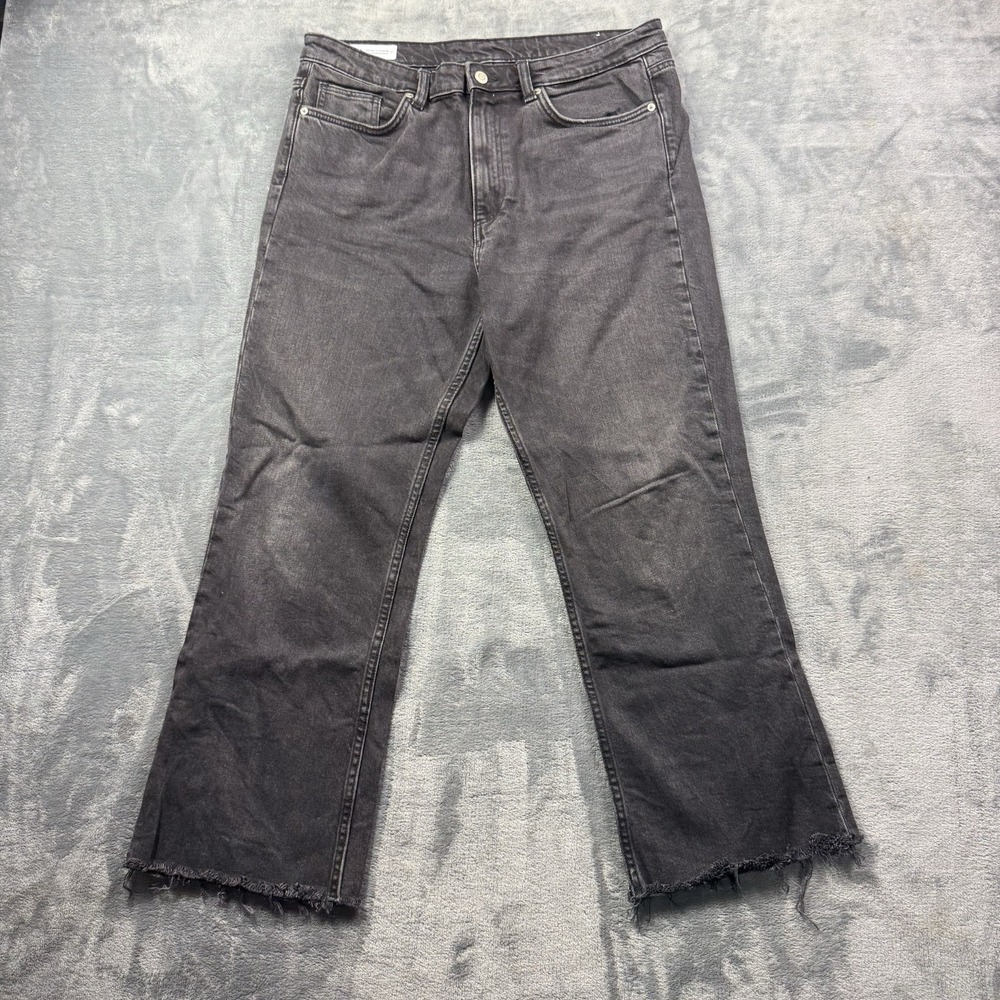 Zara Womens 14 Denim Jeans Black Demi Boot Cut Crop Fray High Rise